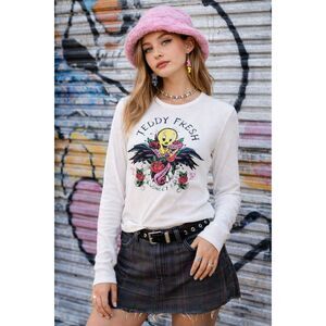 Teddy Fresh x Lonely Tunes White Waffle Long Sleeve Top Shirt  Women's Sz Medium